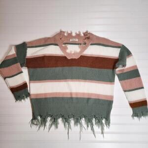 Full Circle Trends Cozy Striped Knit Sweater with Distressed Edges 1X